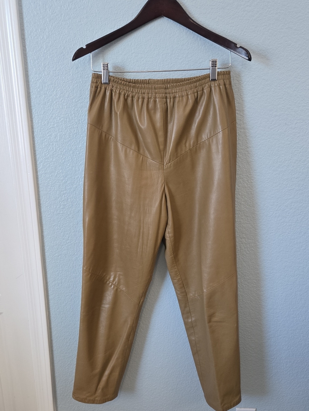 Vtg Cache 100% Leather Pants Elastic Waist Pull Straight Leg In Camel Sz Large